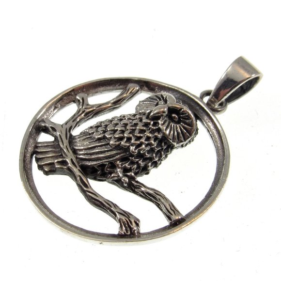 Solid 925 Sterling Silver Owl Perched on Branches Pendant - Nature Jewelry - Picture 7 of 8